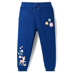 Babyhug Cotton Looper Knit Full Length Lounge Pant With Deer & Floral Print - Navy Blue