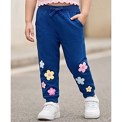 Babyhug Cotton Looper Knit Full Length Joggers Pant With Floral Print - Navy Blue