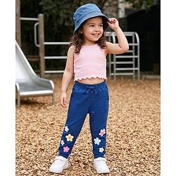 Babyhug Cotton Looper Knit Full Length Joggers Pant With Floral Print - Navy Blue