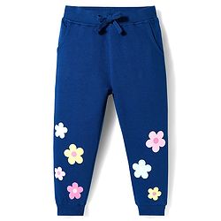 Babyhug Cotton Looper Knit Full Length Joggers Pant With Floral Print - Navy Blue