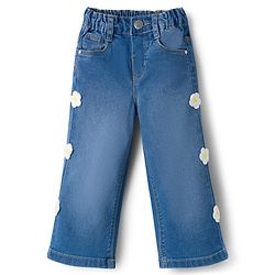 Babyhug Full Length Denim Jeans with Stretch & Floral Embroidery - Blue