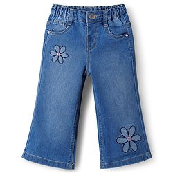 Babyhug Full Length Washed Denim Jeans With Stretch & Floral Embroidery - Blue
