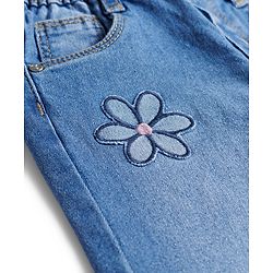 Babyhug Full Length Washed Denim Jeans With Stretch & Floral Embroidery - Blue