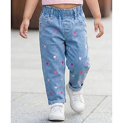 Babyhug Denim Full Length Jeans With Stretch & Hearts Embroidery - Blue