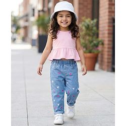 Babyhug Denim Full Length Jeans With Stretch & Hearts Embroidery - Blue