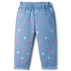 Babyhug Denim Full Length Jeans With Stretch & Hearts Embroidery - Blue