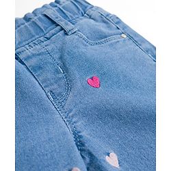 Babyhug Denim Full Length Jeans With Stretch & Hearts Embroidery - Blue