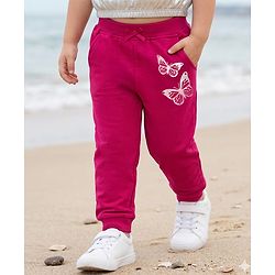 Babyhug Cotton Looper Knit Full Length Lounge Pant with Butterfly Print - Maroon