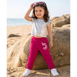 Babyhug Cotton Looper Knit Full Length Lounge Pant with Butterfly Print - Maroon