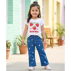 Babyhug Full Length Denim Jeans with Floral Embroidery - Blue