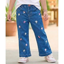 Babyhug Full Length Denim Jeans with Floral Embroidery - Blue