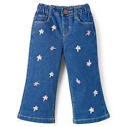 Babyhug Full Length Denim Jeans with Floral Embroidery - Blue
