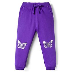 Babyhug Cotton Looper Knit Full Length Lounge Pant with Butterfly Print - Purple