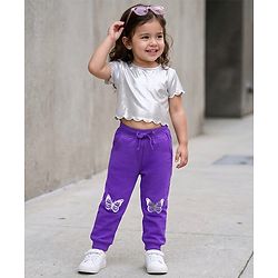 Babyhug Cotton Looper Knit Full Length Lounge Pant with Butterfly Print - Purple
