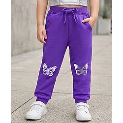 Babyhug Cotton Looper Knit Full Length Lounge Pant with Butterfly Print - Purple