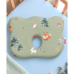 Babyhug Premium Bear Shape Memory Foam Pillow Woodland Print - Green| Infant Head Shaping Cushion| Firm & Supportive Design| Soft Breathable Fabric| Prevents Flat Head| Washable & Travel Friendly
