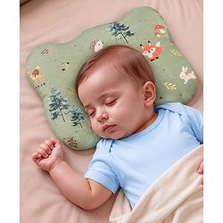 Babyhug Premium Bear Shape Memory Foam Pillow Woodland Print - Green| Infant Head Shaping Cushion| Firm & Supportive Design| Soft Breathable Fabric| Prevents Flat Head| Washable & Travel Friendly