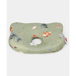 Babyhug Premium Bear Shape Memory Foam Pillow Woodland Print - Green| Infant Head Shaping Cushion| Firm & Supportive Design| Soft Breathable Fabric| Prevents Flat Head| Washable & Travel Friendly