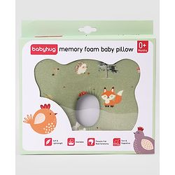 Babyhug Premium Bear Shape Memory Foam Pillow Woodland Print - Green| Infant Head Shaping Cushion| Firm & Supportive Design| Soft Breathable Fabric| Prevents Flat Head| Washable & Travel Friendly