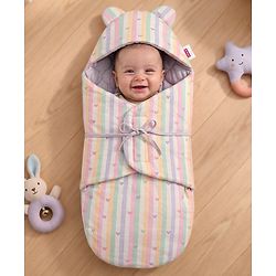 Babyhug Premium 100% Cotton Bear Shaped Carry Nest Cum Sleeping Bag for Babies - Beige - Woodland Theme| Soft Cotton| Snug Wrap Design| Easy-Access| 04 Months Babies| Newborn Essential