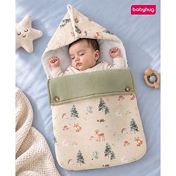 Babyhug Premium 100% Cotton Muslin Sleeping Bag - Woodland Print - Beige| Breathable Baby Sleep Sack| Hooded Swaddle Wrap| Easy Button Closure| Soft Lightweight| New Born Essential