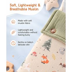 Babyhug Premium 100% Cotton Muslin Sleeping Bag - Woodland Print - Beige| Breathable Baby Sleep Sack| Hooded Swaddle Wrap| Easy Button Closure| Soft Lightweight| New Born Essential