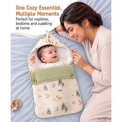 Babyhug Premium 100% Cotton Muslin Sleeping Bag - Woodland Print - Beige| Breathable Baby Sleep Sack| Hooded Swaddle Wrap| Easy Button Closure| Soft Lightweight| New Born Essential