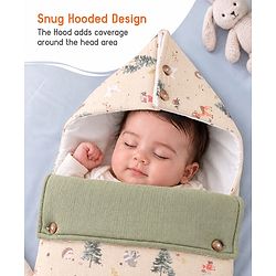 Babyhug Premium 100% Cotton Muslin Sleeping Bag - Woodland Print - Beige| Breathable Baby Sleep Sack| Hooded Swaddle Wrap| Easy Button Closure| Soft Lightweight| New Born Essential