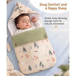 Babyhug Premium 100% Cotton Muslin Sleeping Bag - Woodland Print - Beige| Breathable Baby Sleep Sack| Hooded Swaddle Wrap| Easy Button Closure| Soft Lightweight| New Born Essential