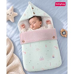 Babyhug Premium 100% Cotton Muslin Sleeping Bag - Woodland Print - Beige| Breathable Baby Sleep Sack| Hooded Swaddle Wrap| Easy Button Closure| Soft Lightweight| New Born Essential