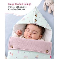 Babyhug Premium 100% Cotton Muslin Sleeping Bag - Woodland Print - Beige| Breathable Baby Sleep Sack| Hooded Swaddle Wrap| Easy Button Closure| Soft Lightweight| New Born Essential