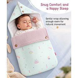 Babyhug Premium 100% Cotton Muslin Sleeping Bag - Woodland Print - Beige| Breathable Baby Sleep Sack| Hooded Swaddle Wrap| Easy Button Closure| Soft Lightweight| New Born Essential