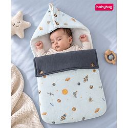 Babyhug Premium 100% Cotton Muslin Sleeping Bag - Woodland Print - Beige| Breathable Baby Sleep Sack| Hooded Swaddle Wrap| Easy Button Closure| Soft Lightweight| New Born Essential