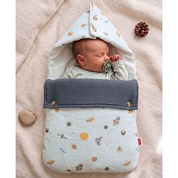 Babyhug Premium 100% Cotton Muslin Sleeping Bag - Woodland Print - Beige| Breathable Baby Sleep Sack| Hooded Swaddle Wrap| Easy Button Closure| Soft Lightweight| New Born Essential