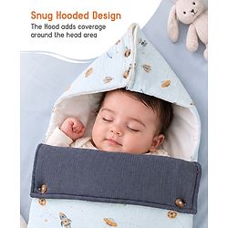 Babyhug Premium 100% Cotton Muslin Sleeping Bag - Woodland Print - Beige| Breathable Baby Sleep Sack| Hooded Swaddle Wrap| Easy Button Closure| Soft Lightweight| New Born Essential