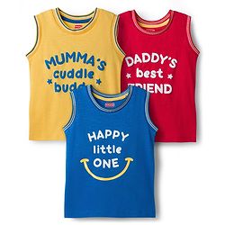 Babyhug Cotton Knit Sleeveless Tank T-Shirt with Text Print Pack of 3 - Red Yellow & Blue