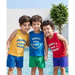 Babyhug Cotton Knit Sleeveless Tank T-Shirt with Text Print Pack of 3 - Red Yellow & Blue