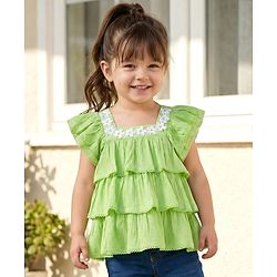 Babyhug Rayon Woven Half Sleeves Crinkle Crepe Top  With Floral Embriodery - Green