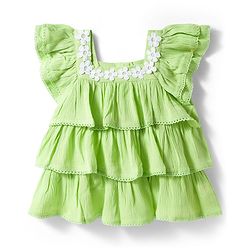 Babyhug Rayon Woven Half Sleeves Crinkle Crepe Top  With Floral Embriodery - Green