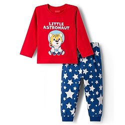 Babyhug Cotton Knit Full Sleeves T-Shirt & Pyjama Night Suit With Tiger Astronaut Print - Red & Blue