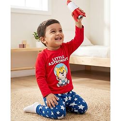 Babyhug Cotton Knit Full Sleeves T-Shirt & Pyjama Night Suit With Tiger Astronaut Print - Red & Blue