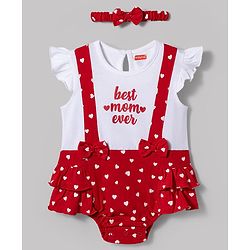 Babyhug 100% Cotton Knit Frill Sleeves Onesie with Headband Heart Print & Bow Applique - Red & White