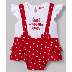 Babyhug 100% Cotton Knit Frill Sleeves Onesie with Headband Heart Print & Bow Applique - Red & White