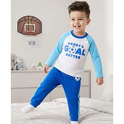 Babyhug Cotton Knit Raglan Full Sleeves Football Theme Printed T-Shirt & Pyjama Night Suit - White & Blue