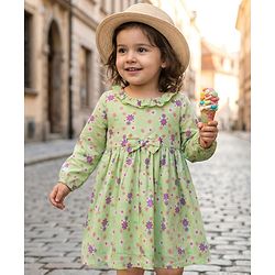 Babyhug Cotton Woven Full Sleeves Frock With Floral Print & Bow Applique - Light Green