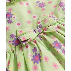 Babyhug Cotton Woven Full Sleeves Frock With Floral Print & Bow Applique - Light Green