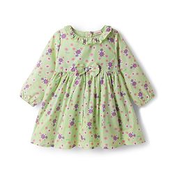 Babyhug Cotton Woven Full Sleeves Frock With Floral Print & Bow Applique - Light Green