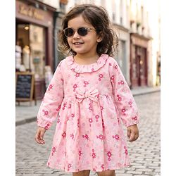 Babyhug Cotton Woven Full Sleeves Frock With Floral Print & Bow Applique - Light Pink