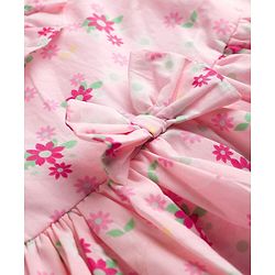 Babyhug Cotton Woven Full Sleeves Frock With Floral Print & Bow Applique - Light Pink