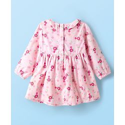 Babyhug Cotton Woven Full Sleeves Frock With Floral Print & Bow Applique - Light Pink